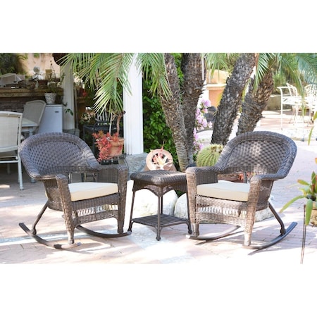 Jeco W00201R-A-2-RCES001 Espresso Rocker Wicker Chair Set with Ivory Cushion - 3 Piece W00201R-A_2-RCES001